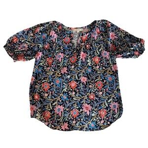 Loft Size M Floral Flutter Sleeve Navy Pink Red Green EUC 100% Rayon